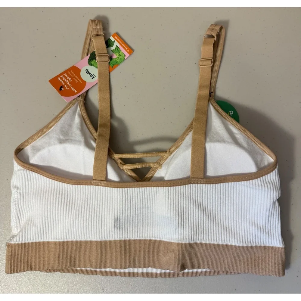 Kindly Yours‎ Bralette Women Large White Tan Seamless Ribbed V-Neck NEW